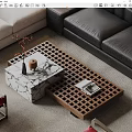 Marble Top And Wooden Lattice Design Coffee Tables With Vase And Magazine