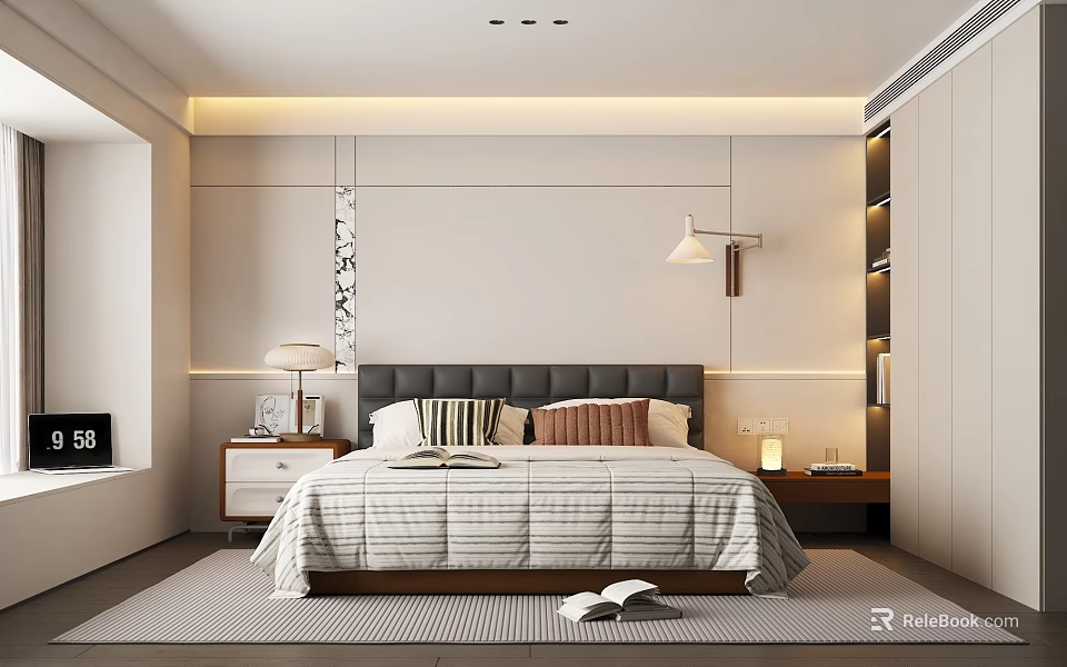 Modern Bedroom Interior With Gray Upholstered Headboard Striped Quilt Pillows Nightstands Rug And Ambient Lighting 3d model 