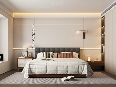 Modern Bedroom Interior With Gray Upholstered Headboard Striped Quilt Pillows Nightstands Rug And Ambient Lighting 3d model