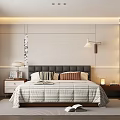Modern Bedroom Interior With Gray Upholstered Headboard Striped Quilt Pillows Nightstands Rug And Ambient Lighting