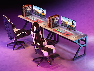 Gaming Desk with Two Monitors PCs Keyboard Mouse Pad Ergonomic Chairs in Purple Lighting 3d model