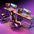 Gaming Desk with Two Monitors PCs Keyboard Mouse Pad Ergonomic Chairs in Purple Lighting