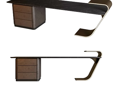 Elegant Modern Office Desk With Black Tabletop Brown Drawer Unit And Metal Frame 3d model
