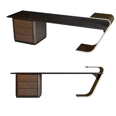 Elegant Modern Office Desk With Black Tabletop Brown Drawer Unit And Metal Frame 3d model