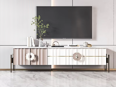 Modern Beige and White TV Stand with Circular Handles Green Plant and Decorations on Top 3d model