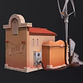 Cartoon Scene Featuring Small House With Red Roof Orange Walls Awning Windmill Table And Chairs