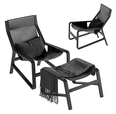 Black Modern Leather Lounge Chair With Metal Frame Ottoman And Cozy Blanket 3d model
