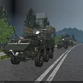 Multiple Green Military Functional Vehicles with Weapon Systems Driving on Road in Mountain and Trees