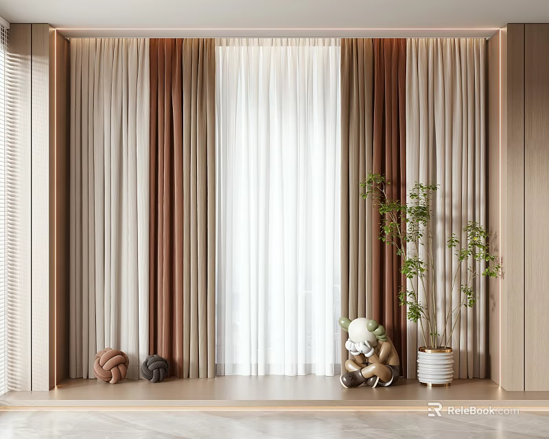 Modern Layered Curtains In Beige Brown White With Potted Plant Stuffed Toy And Decor 3d model 