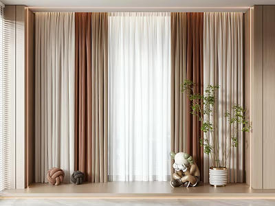 Modern Layered Curtains In Beige Brown White With Potted Plant Stuffed Toy And Decor 3d model