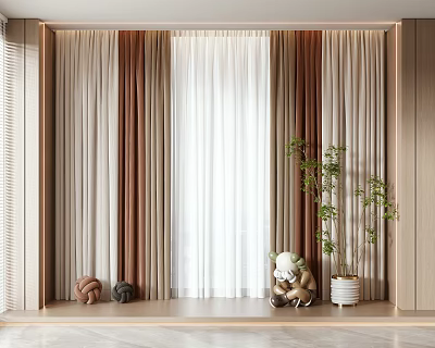 Modern Layered Curtains In Beige Brown White With Potted Plant Stuffed Toy And Decor 3d model