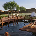 Picturesque Rural Landscape of Happy Farm with Wooden Fence Thatched Umbrellas Wooden Walkways and Pond