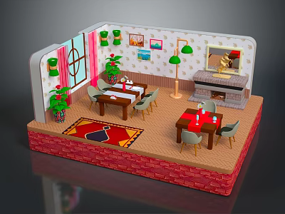 Cartoon Room Scene With Tables Chairs Green Lamp Wall Pictures And Curtained Window 3d model