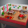 Cartoon Room Scene With Tables Chairs Green Lamp Wall Pictures And Curtained Window