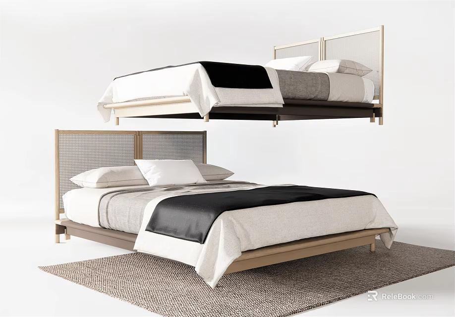 Modern Double Bed with Wooden Frame Black White Bedding and Headboard Design on Rug 3d model 
