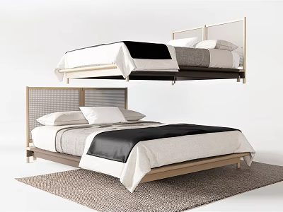Modern Double Bed with Wooden Frame Black White Bedding and Headboard Design on Rug 3d model