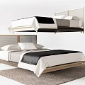 Modern Double Bed with Wooden Frame Black White Bedding and Headboard Design on Rug
