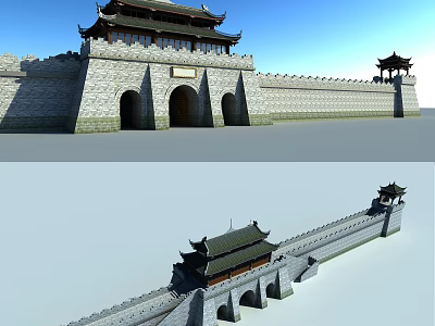 Ancient Architecture Showcasing City Gate Tower And Extended City Wall With Traditional Roof And Watchtower 3d model
