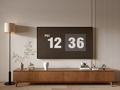 Modern Wooden TV Stand with TV Floor Lamp Plant and Decorative Items in Living Room 3d model