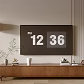 Modern Wooden TV Stand with TV Floor Lamp Plant and Decorative Items in Living Room