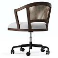 Modern Office Chair With Wooden Armrests Rattan Backrest And Fabric Seat Cushion On Wheels