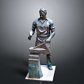 Bronze Man Blacksmith Sculpture Holding Hammer Working on Anvil Wearing Apron