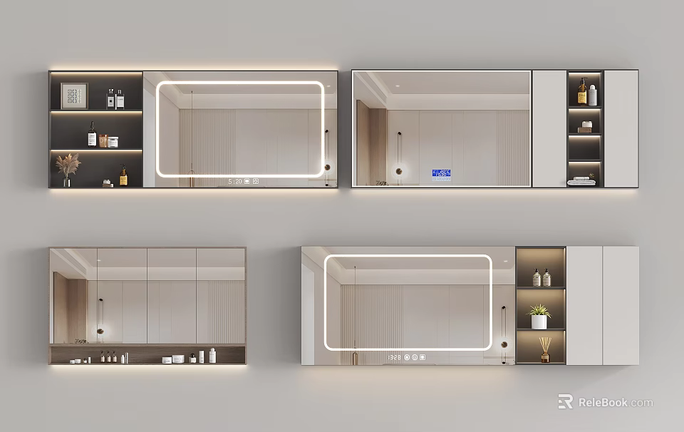 Modern Bathroom Interior Design With Lighted Mirror And Storage Cabinets 3d model 