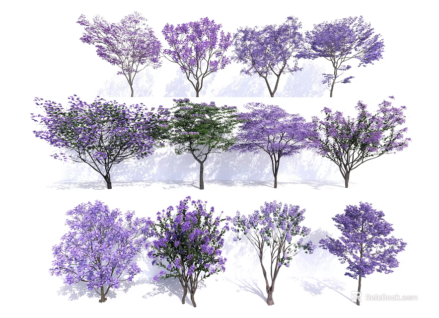 Collection of Different Flowering Trees With Purple And Green Foliage 3d model 