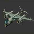 Futuristic Sci Fi Spaceship Model With Green Exterior Transparent Canopy And Multiple Wings