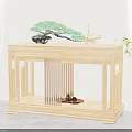 Wooden Decorative Console Table With Potted Plant Deer Ornament Curtain And Lantern