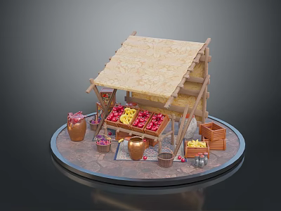 Wooden Market Stall With Canvas Roof And Colorful Fruits In Containers 3d model