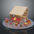 Wooden Market Stall With Canvas Roof And Colorful Fruits In Containers