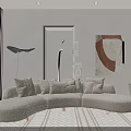 Beige Curved Sectional Sofa in Modern Living Room with Floor Lamp Abstract Painting and Curtains
