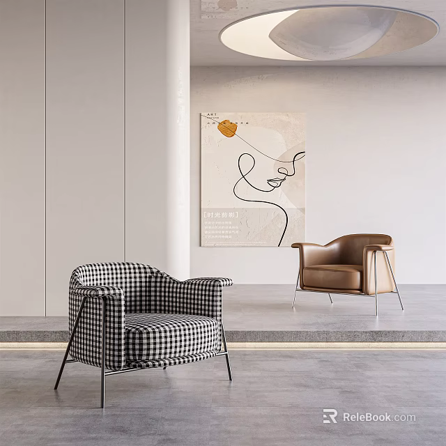Stylish Single Armchairs in Modern Interior Featuring Checkered and Brown Leather Designs 3d model 