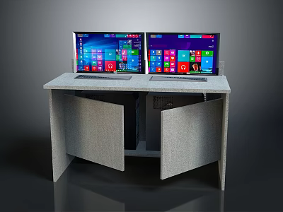 Dual Monitors Computer Workstation Setup With Cabinet Doors Desk And Windows Interface Icons 3d model