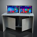 Dual Monitors Computer Workstation Setup With Cabinet Doors Desk And Windows Interface Icons