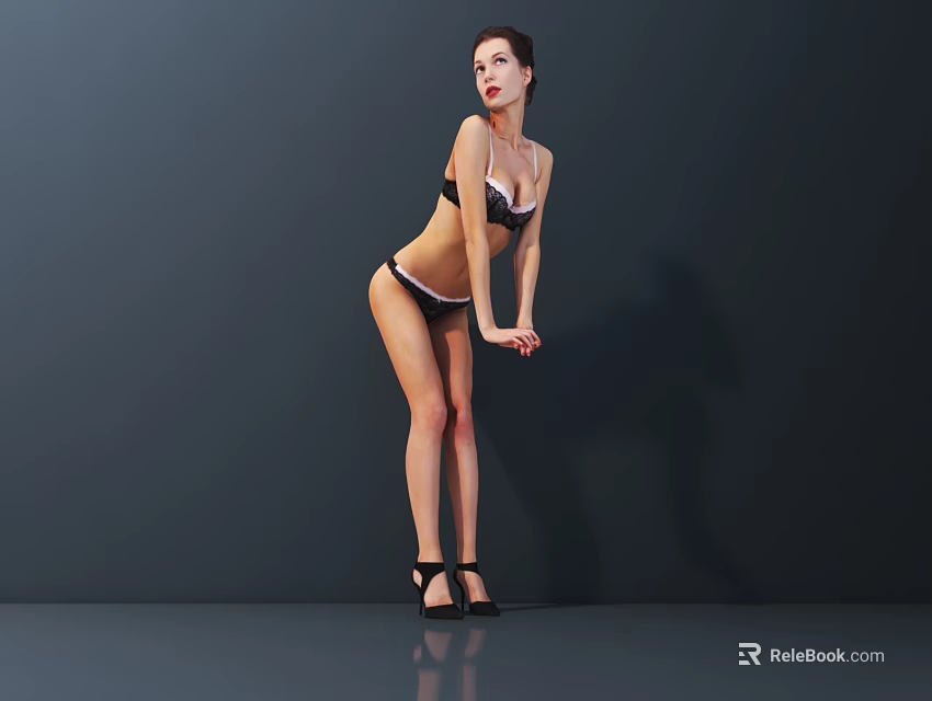 Elegant Woman In Black And White Lingerie Standing Against Gray Background With Black High Heels 3d model 