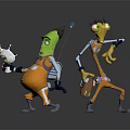 Green And Yellow Animated Characters In Orange Outfits Holding Weapons Standing Together