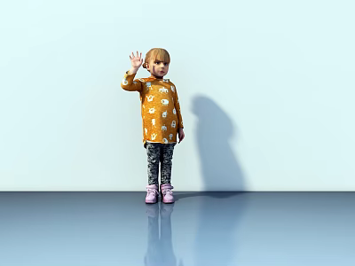 Little Girl Waving Wearing Orange Top With White Patterns Black Pants And Pink Shoes 3d model