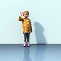 Little Girl Waving Wearing Orange Top With White Patterns Black Pants And Pink Shoes