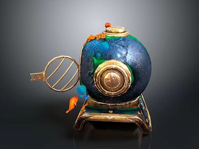 Ornamental Sphere Sculpture With Blue Green Surface Golden Base Circular Gold Element And Metal Frame 3d model