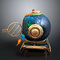 Ornamental Sphere Sculpture With Blue Green Surface Golden Base Circular Gold Element And Metal Frame