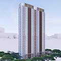 Modern High Rise Building Exterior Design With Glass Windows And Surrounding Green Trees