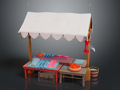 Wooden Market Stall With White Awning Colorful Fabrics Orange Fruits And Wooden Bucket 3d model