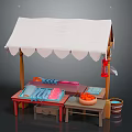 Wooden Market Stall With White Awning Colorful Fabrics Orange Fruits And Wooden Bucket