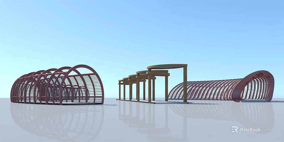 Modern Outdoor Pergola Design With Multiple Arched Structures And Wooden Frames 3d model