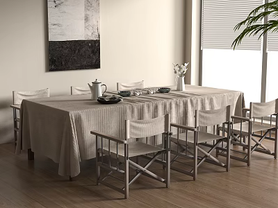 Minimalist Dining Table With Tablecloth Chairs Teapot Vase Wall Painting Window And Plant 3d model