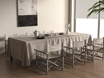 Modern Dining Table and Chair Combination Tablecloth Tableware Ornaments 3d model
