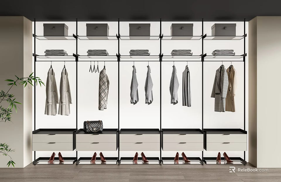 Modern Minimalist Open Wardrobe With Hanging Clothes Drawers And Storage Compartments 3d model 