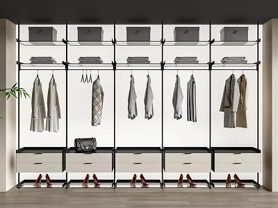 Modern Minimalist Open Wardrobe With Hanging Clothes Drawers And Storage Compartments 3d model
